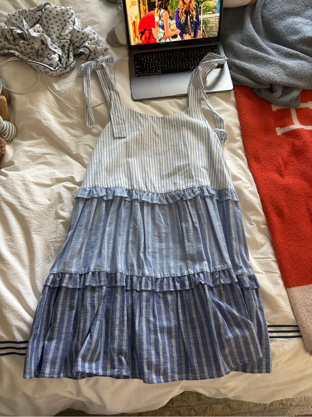 mine Blue & White Striped Sundress with Tiered Skirt